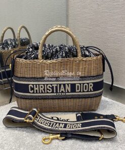 Replica Dior Wicker Basket Bag Blue Oblique Jacquard and Natural Wicke 2