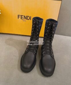 Replica Fendi Rockoko Black Leather Biker Boots With Stretch Fabric 8T 2
