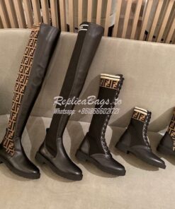 Replica Fendi Rockoko Black Leather Biker Boots With Stretch Fabric 8T