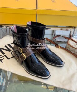 Replica Fendi Glossy Neoprene FFrame Harness Ankle Boots Black 2