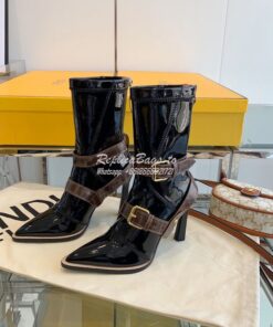 Replica Fendi Glossy Neoprene FFrame Harness Ankle Boots Heel Black