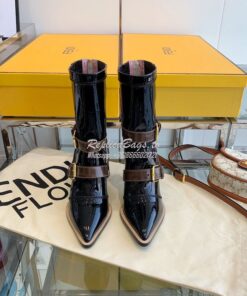 Replica Fendi Glossy Neoprene FFrame Harness Ankle Boots Heel Black 2