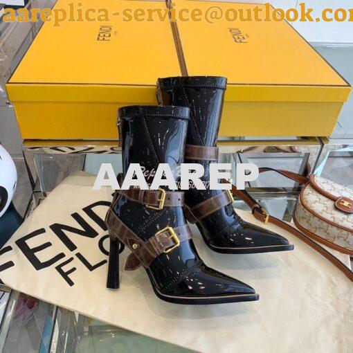 Replica Fendi Glossy Neoprene FFrame Harness Ankle Boots Heel Black 4