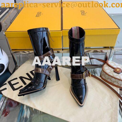 Replica Fendi Glossy Neoprene FFrame Harness Ankle Boots Heel Black 7