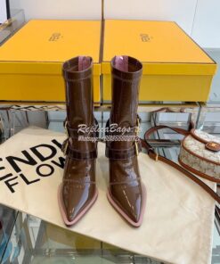 Replica Fendi Glossy Neoprene FFrame Harness Ankle Boots Heel Brown 2
