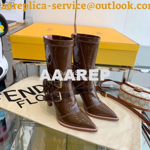 Replica Fendi Glossy Neoprene FFrame Harness Ankle Boots Heel Brown 3