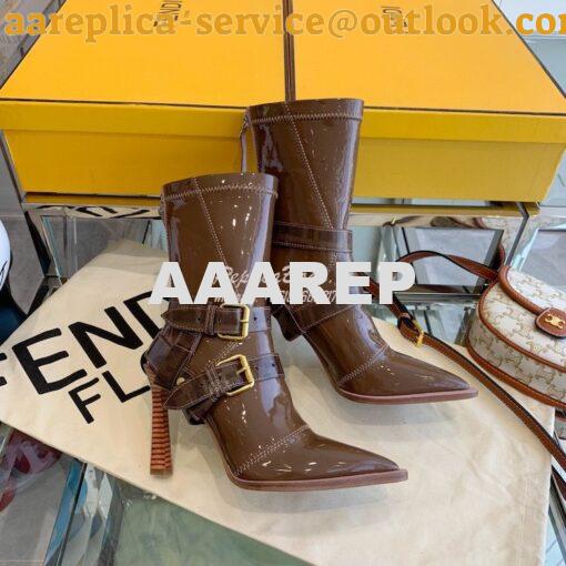 Replica Fendi Glossy Neoprene FFrame Harness Ankle Boots Heel Brown 4