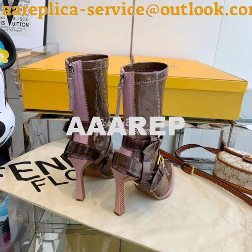 Replica Fendi Glossy Neoprene FFrame Harness Ankle Boots Heel Brown 6