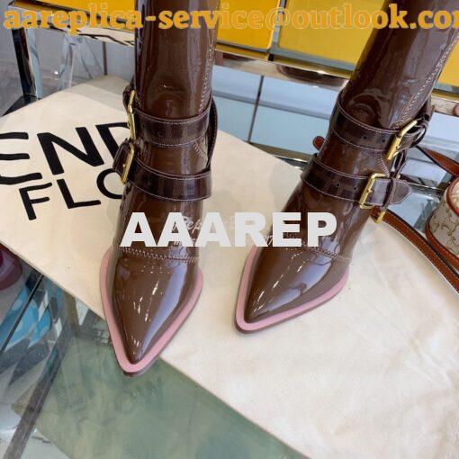 Replica Fendi Glossy Neoprene FFrame Harness Ankle Boots Heel Brown 7