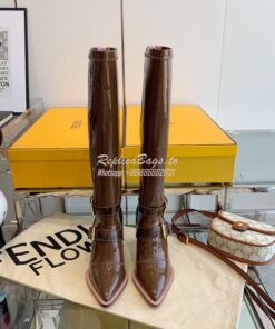 Replica Fendi Glossy Neoprene FFrame Harness Boots Heel Brown 2