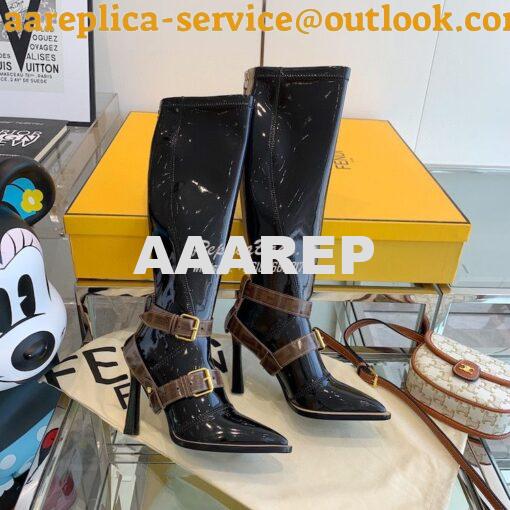 Replica Fendi Glossy Neoprene FFrame Harness Boots Heel Black 4