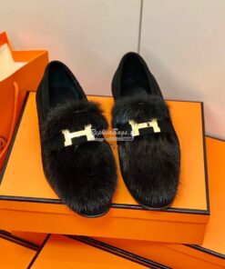Replica Hermes Paris Loafer Suede Goatskin and Mink H202091 Black