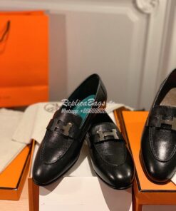 Replica Hermes Paris Loafer H182182 Black Goatskin w Green Goatskin In 2