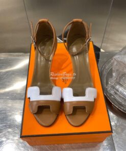 Replica Hermes Premiere 70 Sandals Calfskin H201166 BrownWhite 2