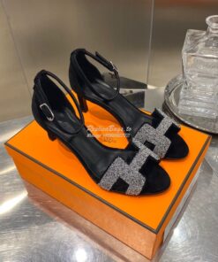 Replica Hermes Premiere 70 Sandals Suede Goatskin With Crystal Black H 2