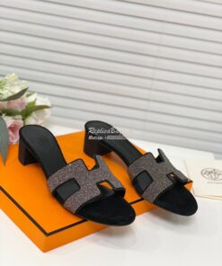 Replica Hermes Oasis Sandals with Silver Crystals in Black