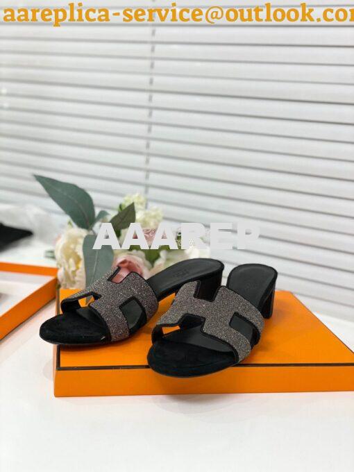 Replica Hermes Oasis Sandals with Silver Crystals in Black 4