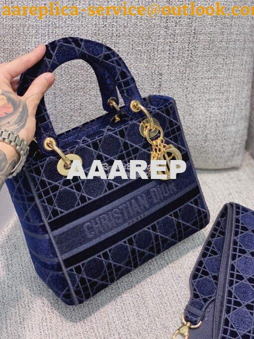 Replica Dior Medium Lady D-lite Bag Blue Cannage Embroidered Velvet M0 3