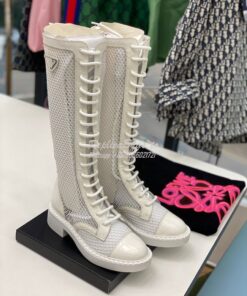 Replica Prada Brushed leather and mesh boots 1W907M White