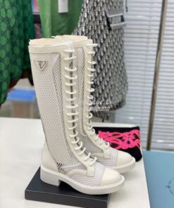 Replica Prada Brushed leather and mesh boots 1W907M White 2