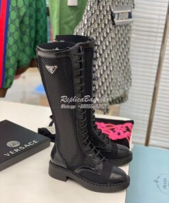 Replica Prada Brushed leather and mesh boots 1W907M Black 2