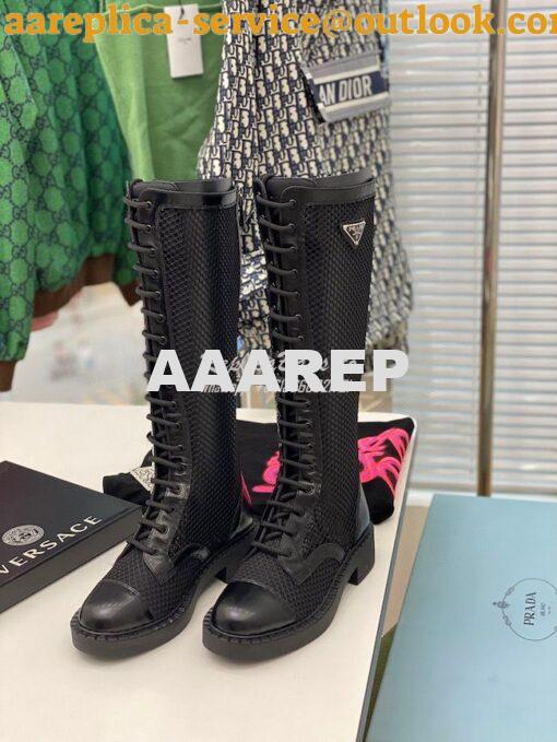 Replica Prada Brushed leather and mesh boots 1W907M Black 4