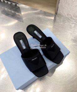 Replica Prada Brushed Leather Mid-heeled Slides 1XX590 Black Satin