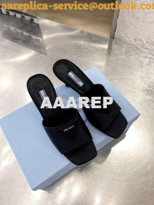 Replica Prada Brushed Leather Mid-heeled Slides 1XX590 Black Satin