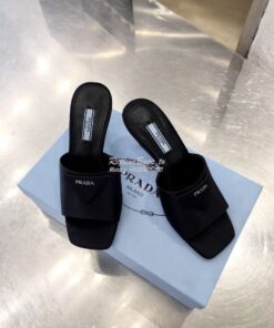 Replica Prada Brushed Leather Mid-heeled Slides 1XX590 Black Satin 2