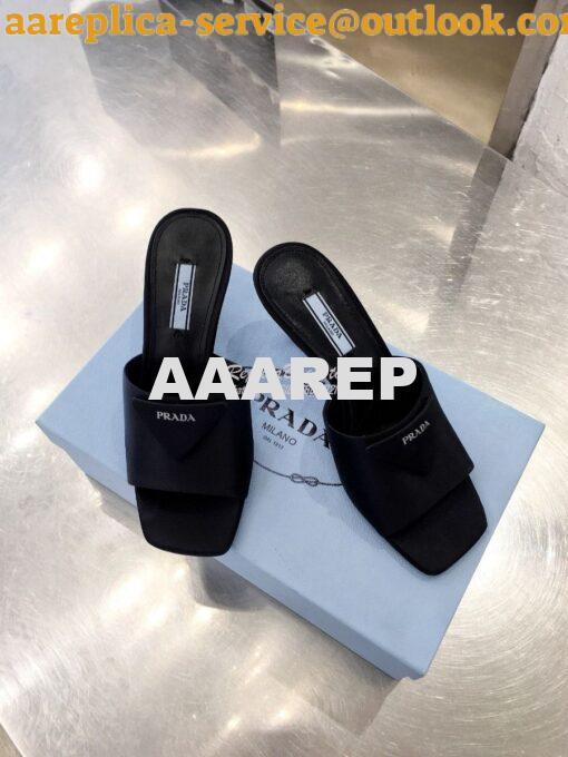 Replica Prada Brushed Leather Mid-heeled Slides 1XX590 Black Satin 2