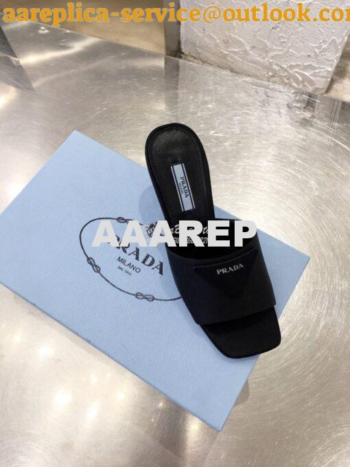 Replica Prada Brushed Leather Mid-heeled Slides 1XX590 Black Satin 3