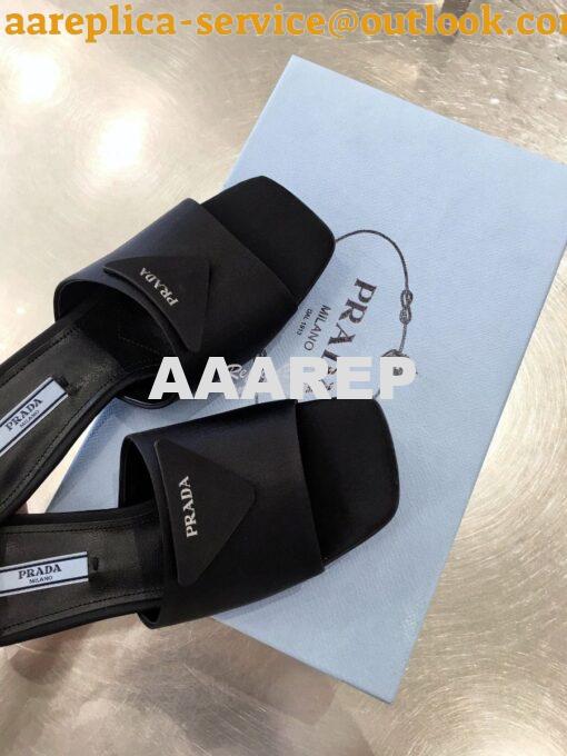 Replica Prada Brushed Leather Mid-heeled Slides 1XX590 Black Satin 5