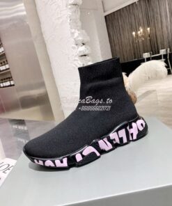 Replica Balenciaga Men Female Speed Graffiti Sneaker 645334 Black Pink 2