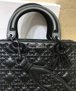 Replica Dior Supple Lady Dior Bag Black Studded In Black Calfskin 2