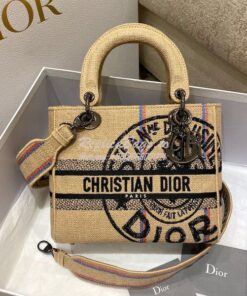 Replica Dior Medium Lady D-Lite Bag Beige Jute Canvas Embroidered With