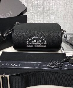 Replica Dior Black Grained Calfskin "Roller" Pouch With "Atelier" Prin