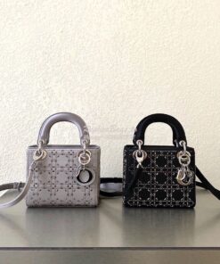 Replica Dior Mini Lady Dior Bag In Silver "Cannage" Satin With Rhinest