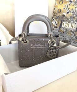 Replica Dior Mini Lady Dior Bag In Silver "Cannage" Satin With Rhinest 2