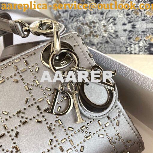Replica Dior Mini Lady Dior Bag In Silver "Cannage" Satin With Rhinest 4