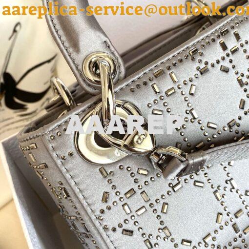 Replica Dior Mini Lady Dior Bag In Silver "Cannage" Satin With Rhinest 10