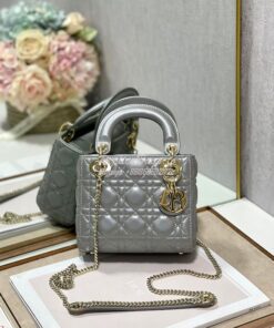 Replica DIor Mini lady dior bag with chain in opal grey pearly cannage