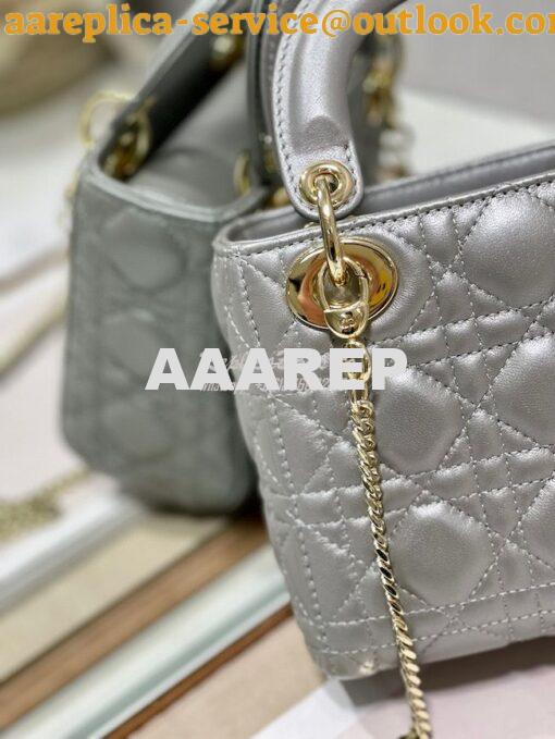 Replica DIor Mini lady dior bag with chain in opal grey pearly cannage 4