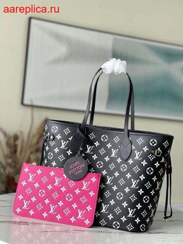 Louis Vuitton LV Women Neverfull MM Tote Black Pink Grained