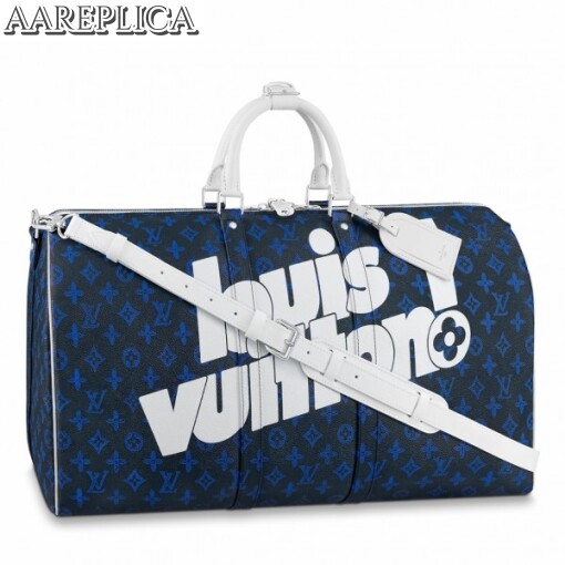 Replica Louis Vuitton Keepall Bandouliere 55 Blue Monogram M45874 2