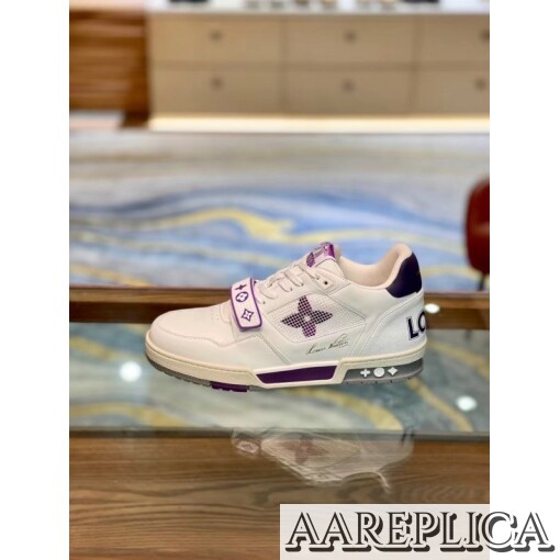 Replica Louis Vuitton LV Trainer Sneakers In Purple/White Leather 3