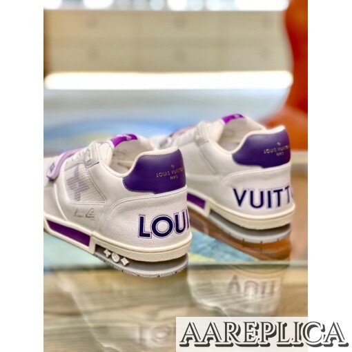 Replica Louis Vuitton LV Trainer Sneakers In Purple/White Leather 4