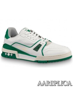 Replica Louis Vuitton LV Trainer Sneakers In White/Green Leather