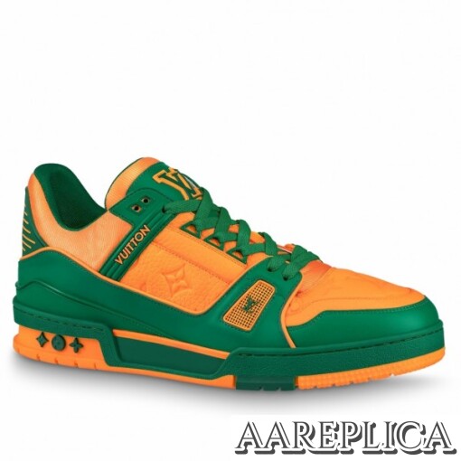 Replica Louis Vuitton LV Trainer Sneakers In Orange/Green Leather