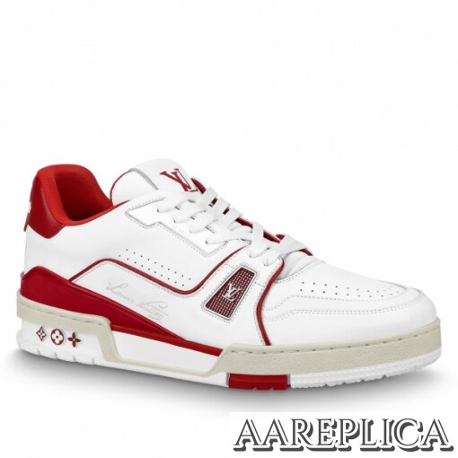 Replica Louis Vuitton White/Red LV Trainer Sneakers with #54