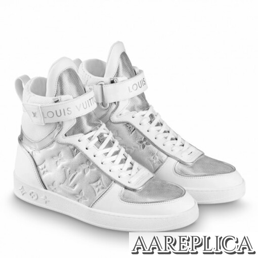 Replica Louis Vuitton Boombox Sneaker Boots In Silver Metallic Leather